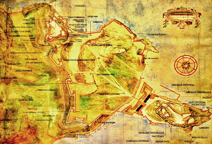 pics/corfugrv16end.jpg drawing of the fortifications at the end of 16th century