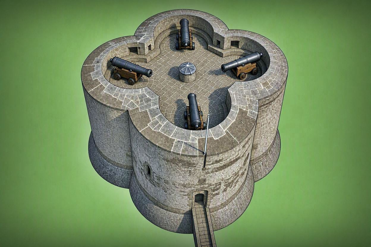 depiction of a  tower of Martello type,similat to the Maitland/Schulenburg tower
